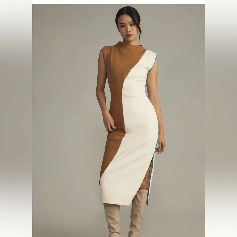 Anthropologie Maeve Midi Dress Muscle Ivory Colorblock Preppy Stretch Sz MP NWT - Picture 1 of 8